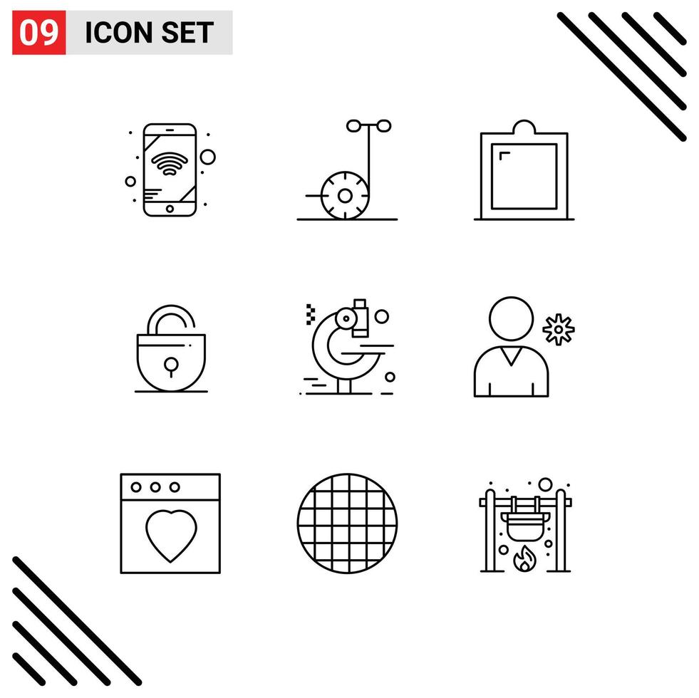 Modern Set of 9 Outlines and symbols such as controls microscope interior examination security Editable Vector Design Elements