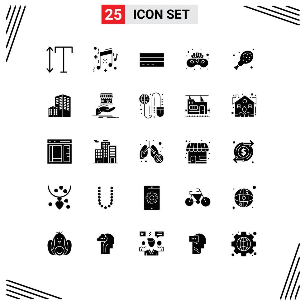 conjunto moderno de 25 glifos y símbolos sólidos, como máscara facial de alimentos, máscara de crédito, elementos de diseño de vectores editables de carnaval