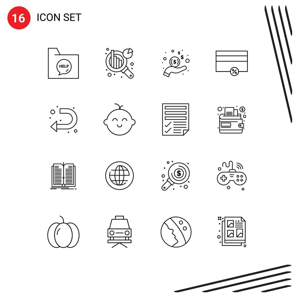 Pictogram Set of 16 Simple Outlines of sign percent hand payments finance Editable Vector Design Elements