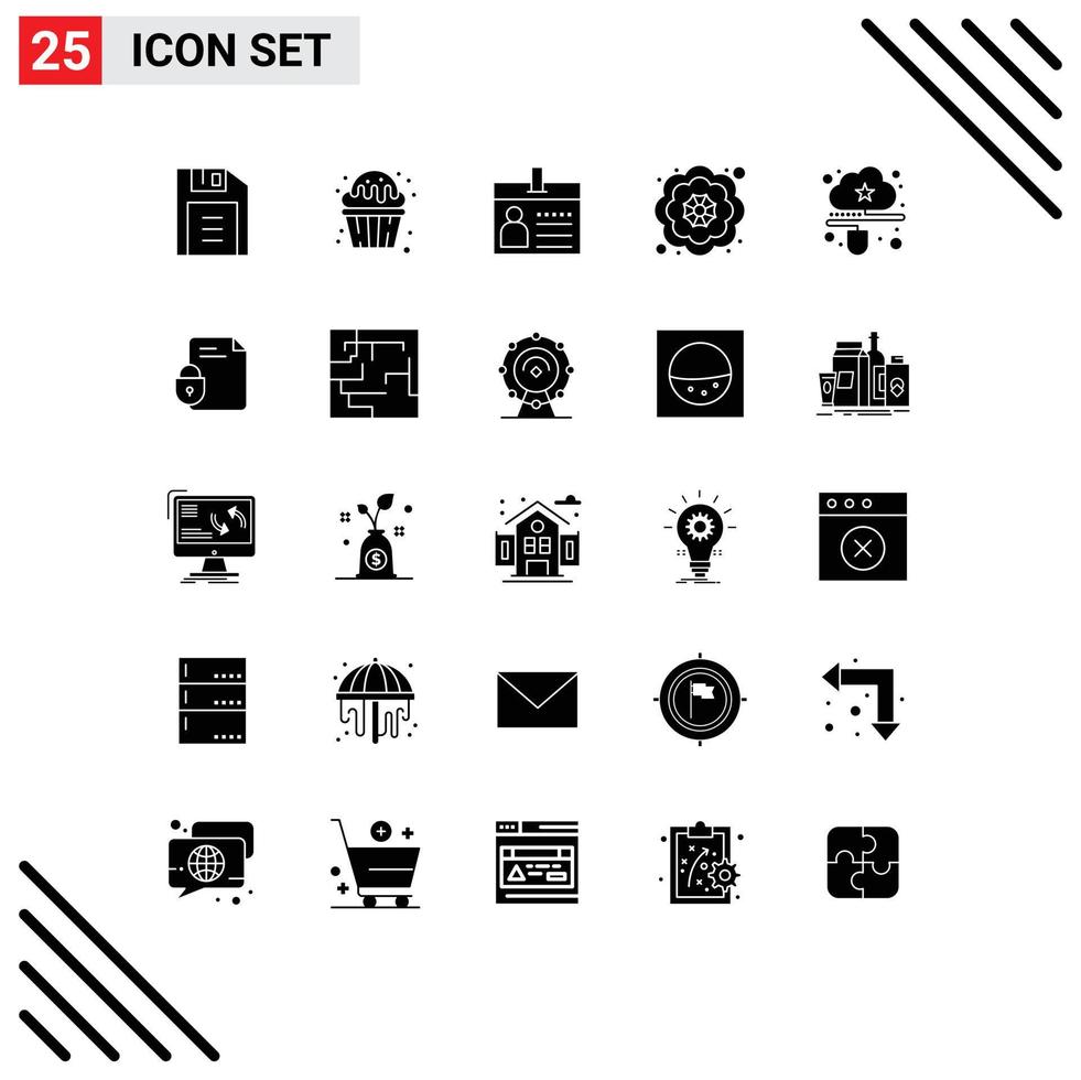 Mobile Interface Solid Glyph Set of 25 Pictograms of connected pretty badge flower identification Editable Vector Design Elements