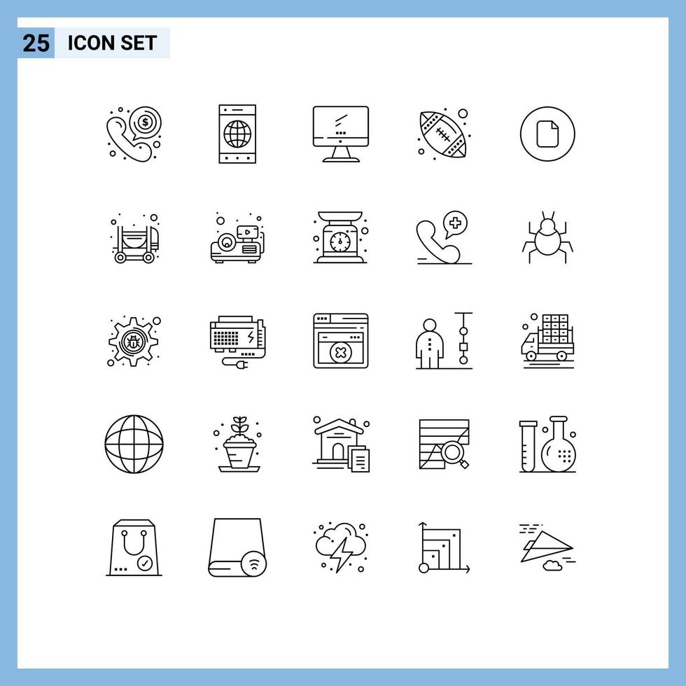 Universal Icon Symbols Group of 25 Modern Lines of document ball world american imac Editable Vector Design Elements