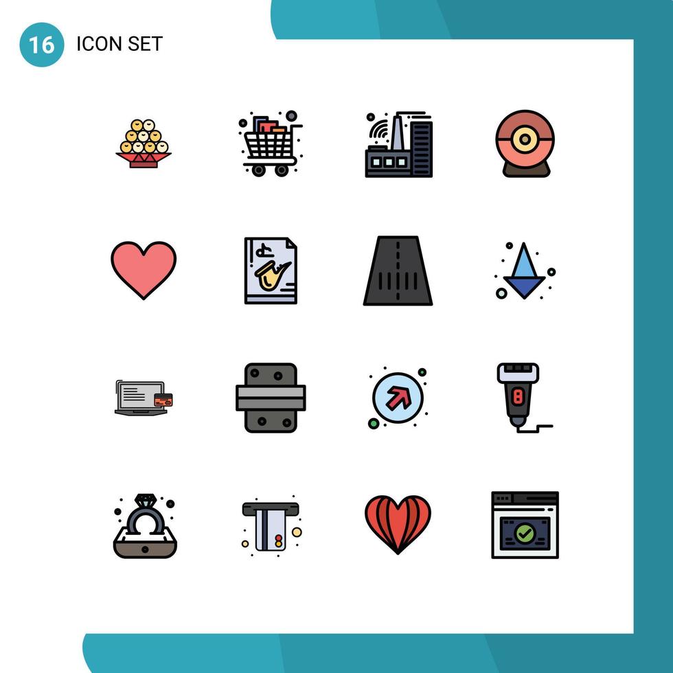 Universal Icon Symbols Group of 16 Modern Flat Color Filled Lines of like heart trolley security camera Editable Creative Vector Design Elements