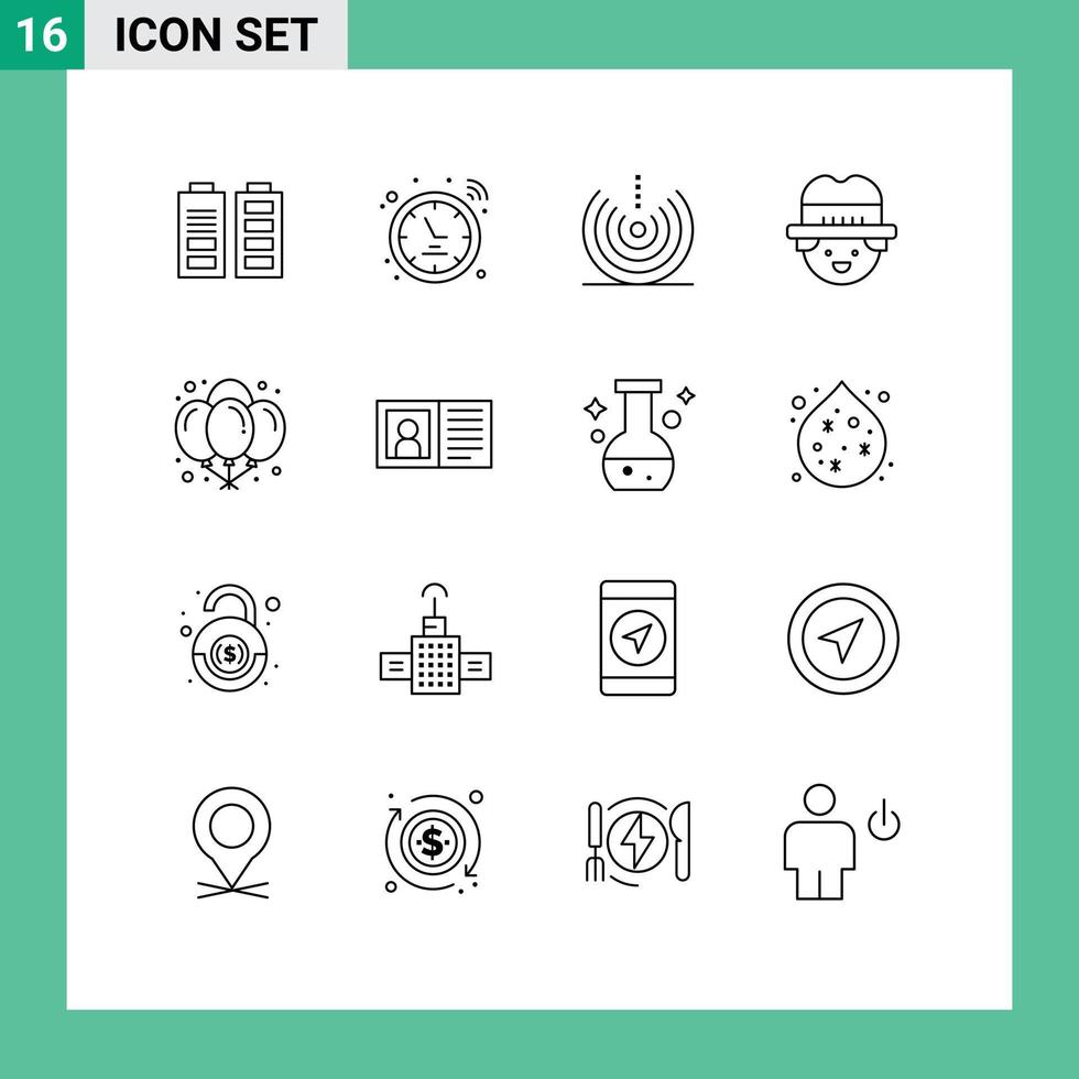 16 User Interface Outline Pack of modern Signs and Symbols of birthday man air gardener wifi Editable Vector Design Elements