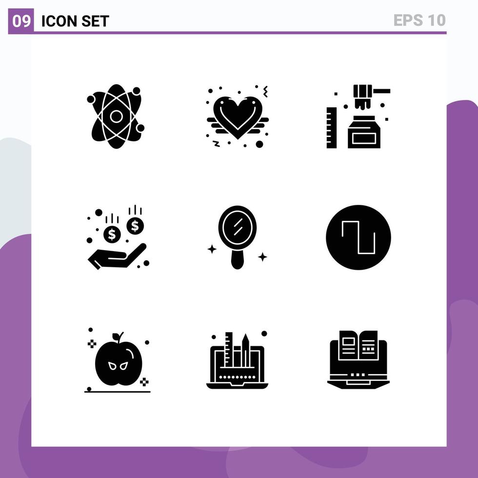 paquete de 9 signos y símbolos de glifos sólidos modernos para medios de impresión web como elementos de diseño de vectores editables seguros interiores de miel de espejo cuadrado