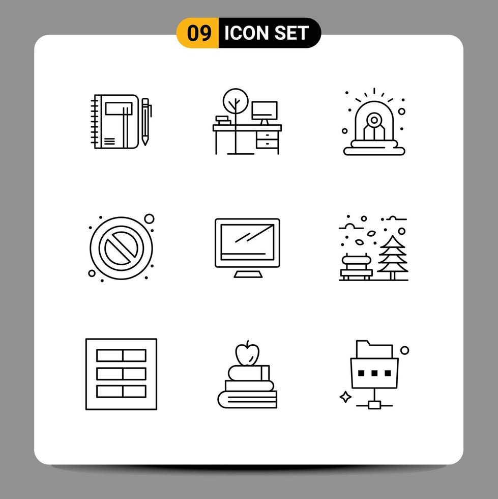 Pictogram Set of 9 Simple Outlines of stop siren desk danger alarm Editable Vector Design Elements