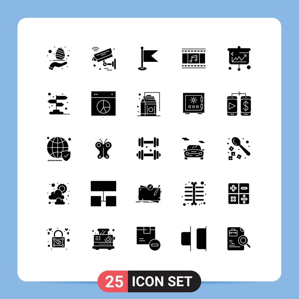 25 Thematic Vector Solid Glyphs and Editable Symbols of projector film reel wifi film world Editable Vector Design Elements