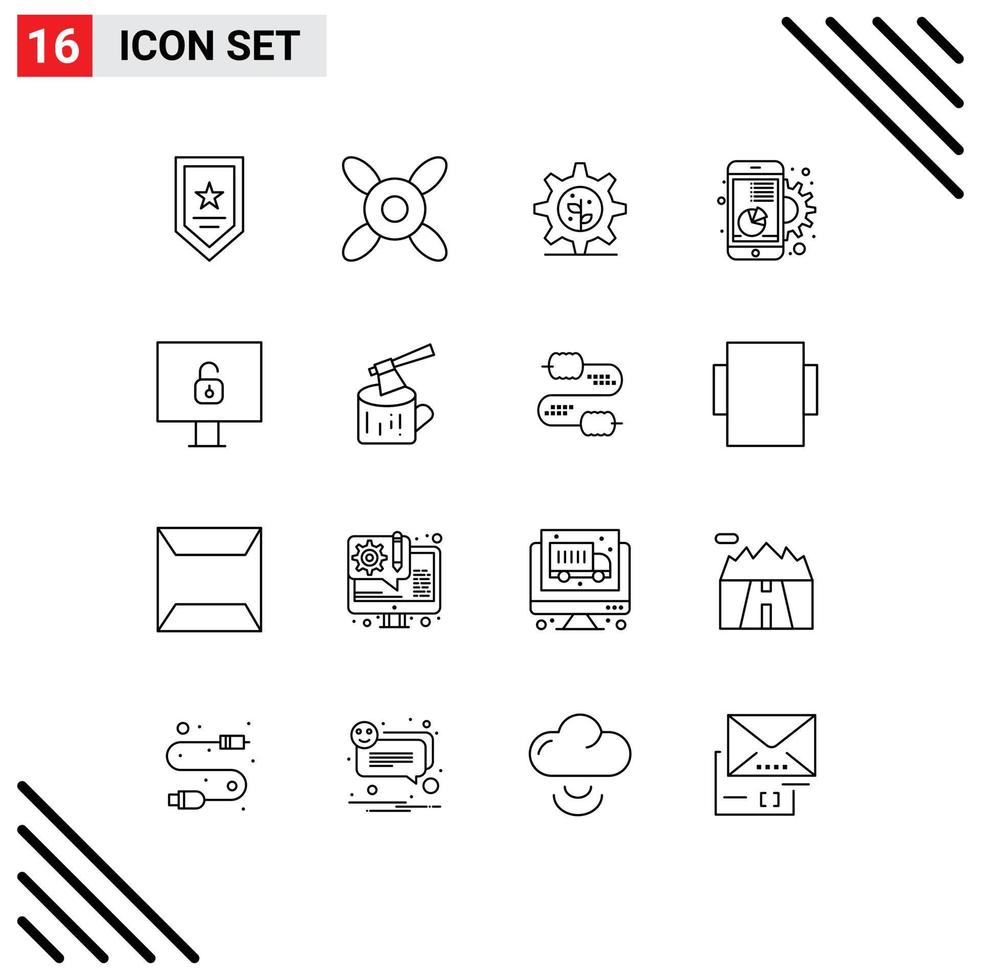 conjunto de 16 iconos de interfaz de usuario modernos signos de símbolos para configuración de bloqueo de hacha marketing informático elementos de diseño vectorial editables vector