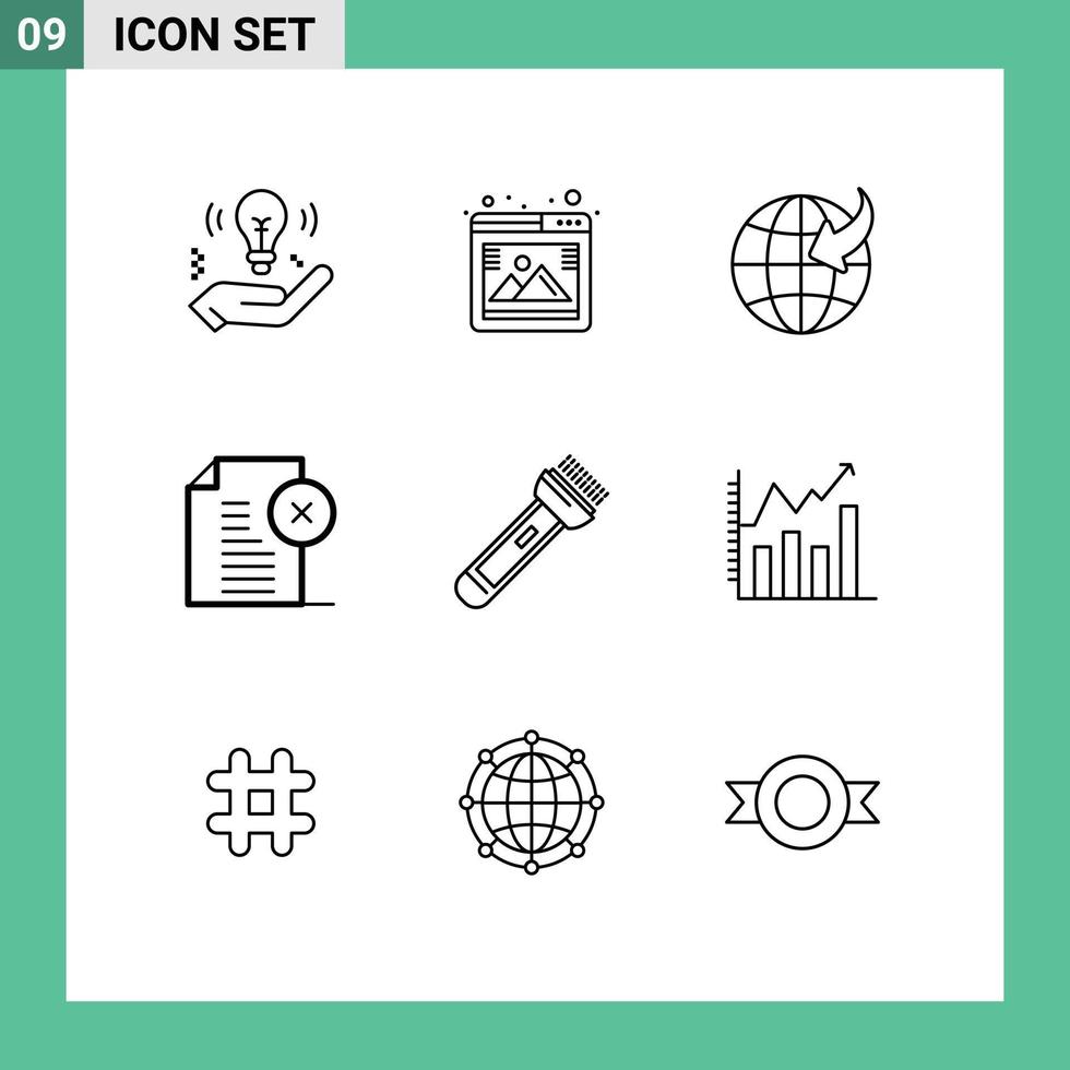 conjunto de 9 iconos de interfaz de usuario modernos signos de símbolos para documento de flecha de oficina ligera eliminar elementos de diseño de vector editables de documento