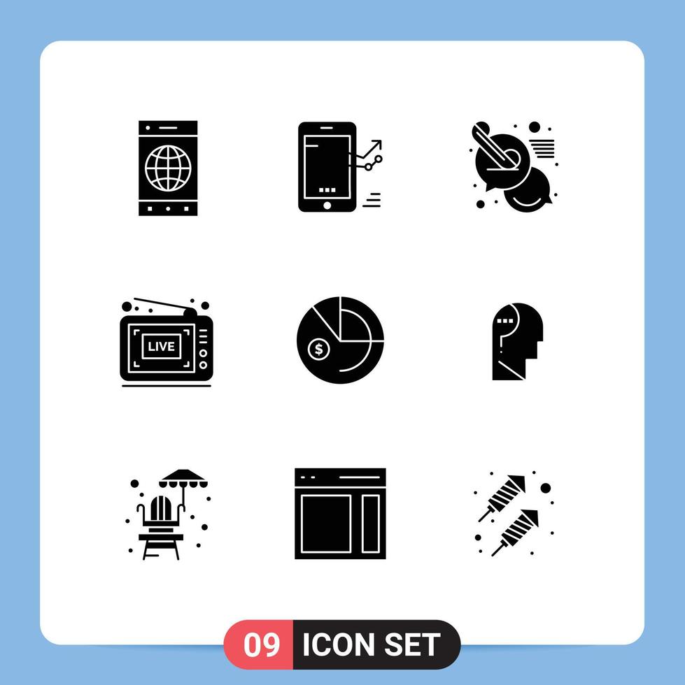 9 Universal Solid Glyph Signs Symbols of analysis show stat live support Editable Vector Design Elements