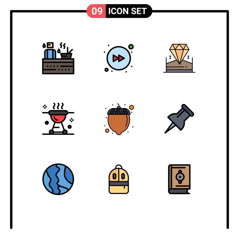 9 Universal Filledline Flat Color Signs Symbols of hazelnut meat diamond grill bbq Editable Vector Design Elements