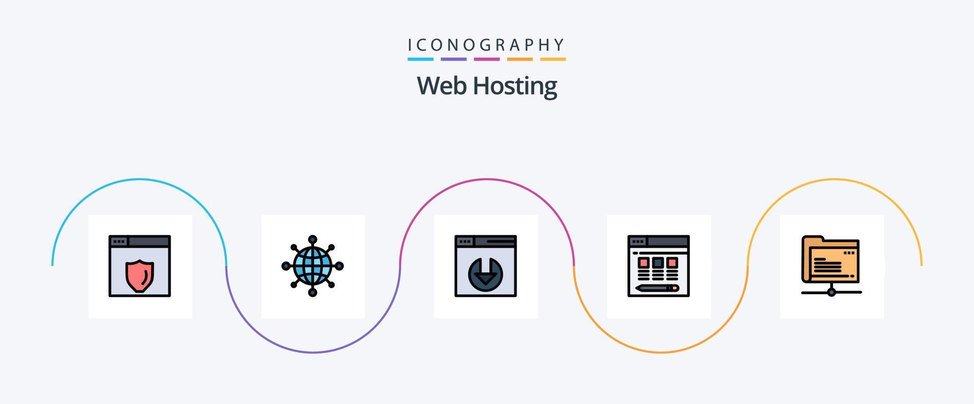 la línea de alojamiento web llenó el paquete de 5 íconos planos que incluye . almacenamiento. descarga del servidor. servidor. datos vector