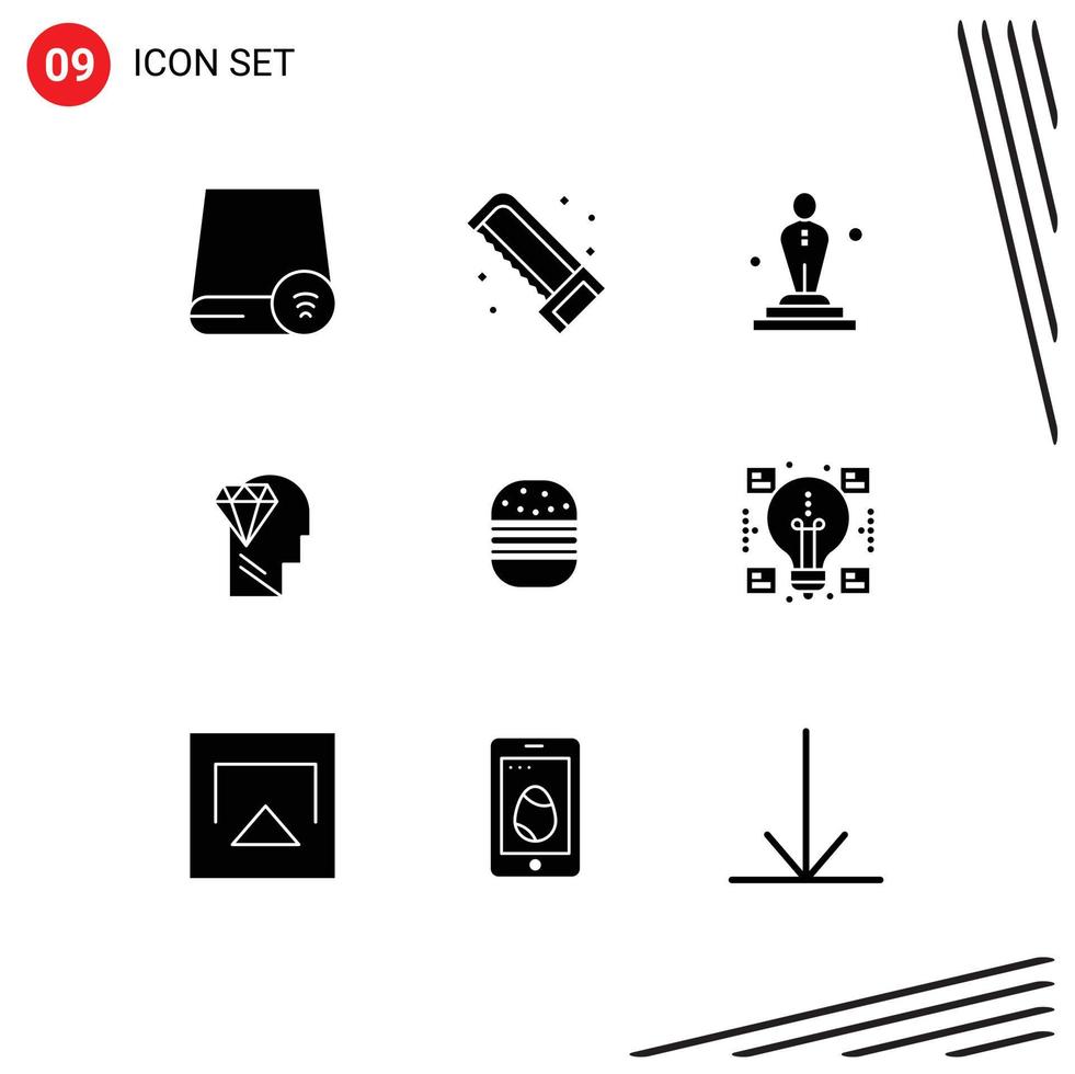 Modern Set of 9 Solid Glyphs Pictograph of burger diamond saw perfection oscar Editable Vector Design Elements