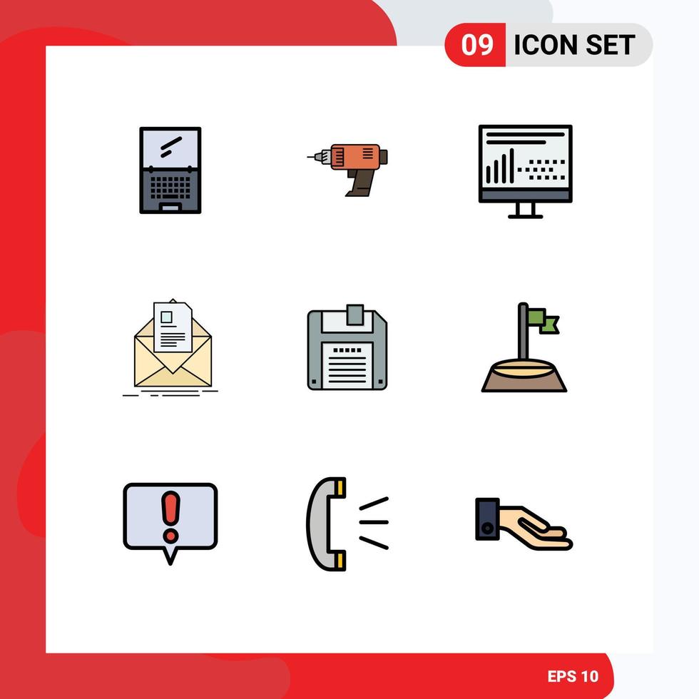 Universal Icon Symbols Group of 9 Modern Filledline Flat Colors of letter mail cordless statistics development Editable Vector Design Elements