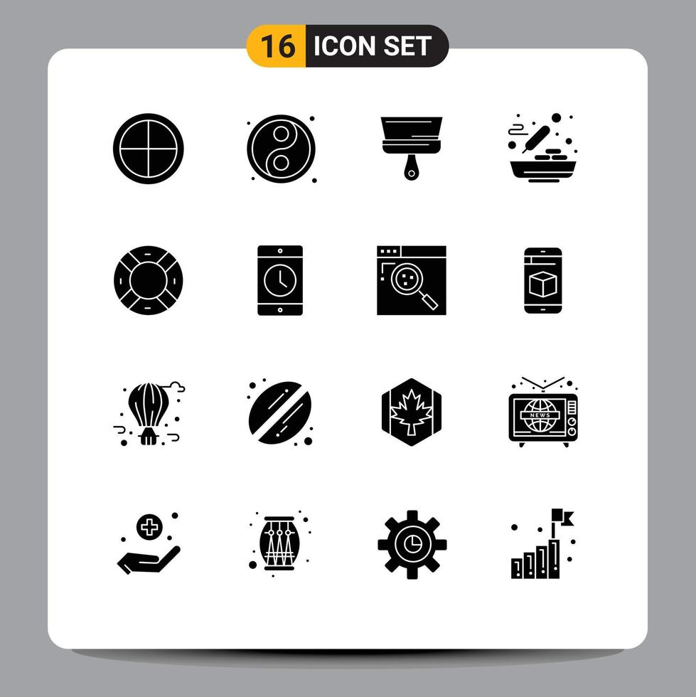 16 User Interface Solid Glyph Pack of modern Signs and Symbols of safety soup brush food bowl Editable Vector Design Elements