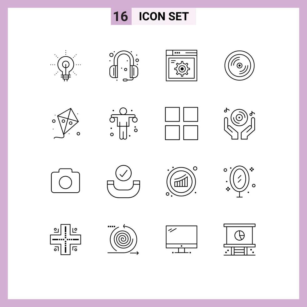 Pack of 16 Modern Outlines Signs and Symbols for Web Print Media such as fly disk headphone dvd internet Editable Vector Design Elements