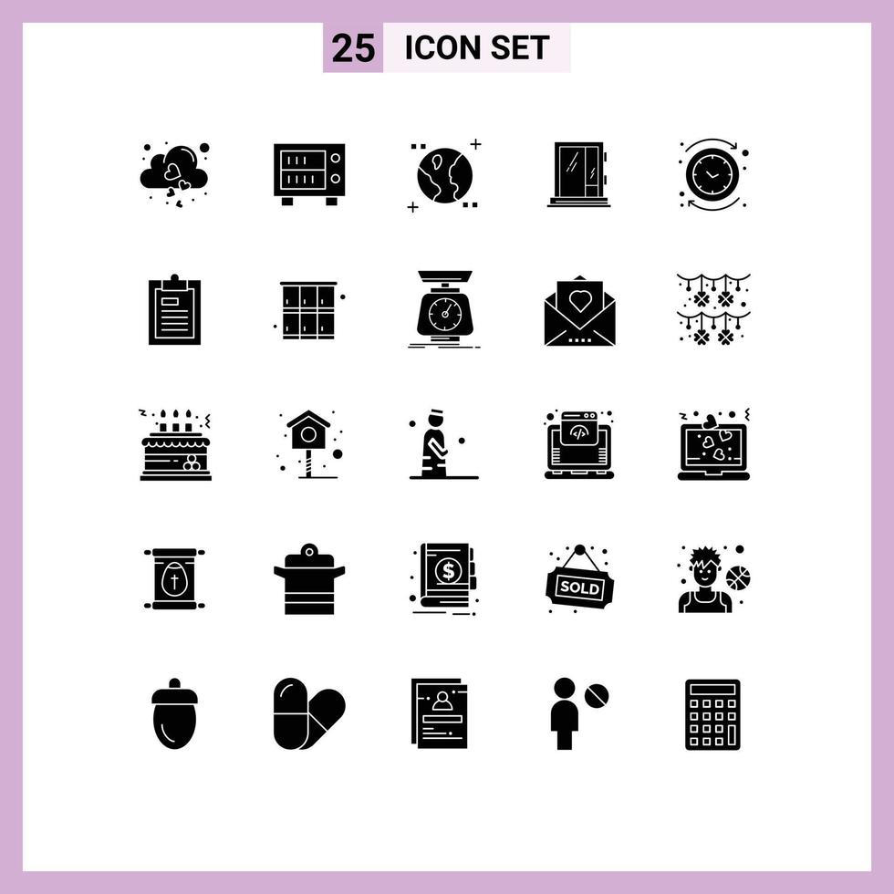 Modern Set of 25 Solid Glyphs and symbols such as clock backward earth repair building Editable Vector Design Elements