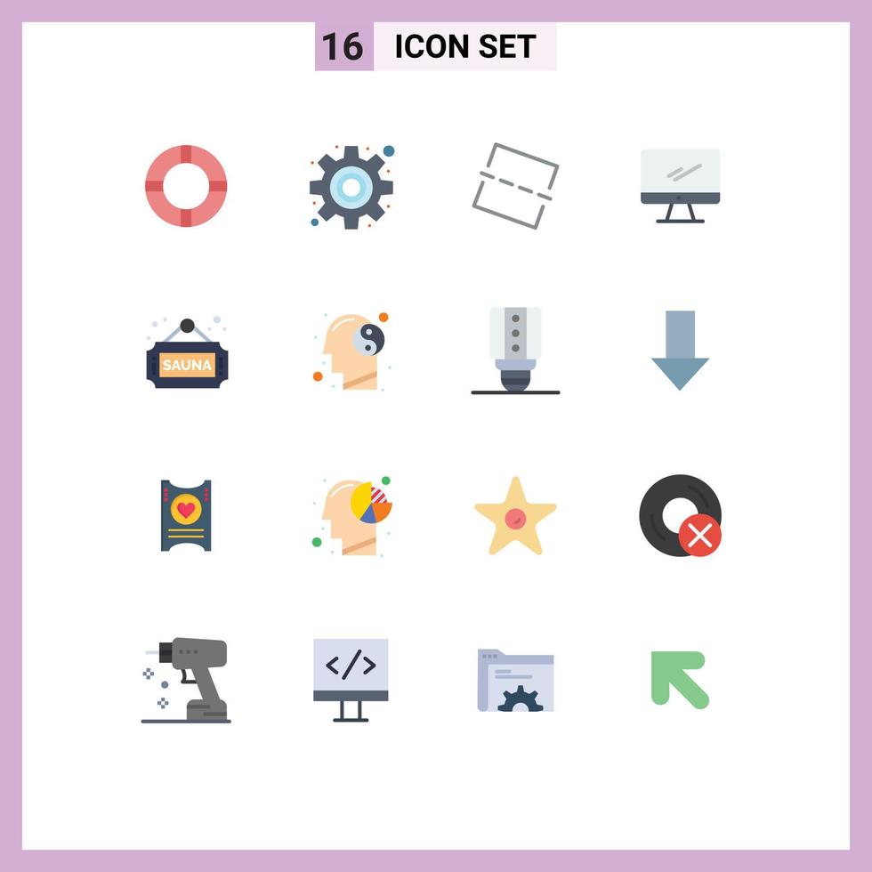 Flat Color Pack of 16 Universal Symbols of tag sauna straighten fitness imac Editable Pack of Creative Vector Design Elements