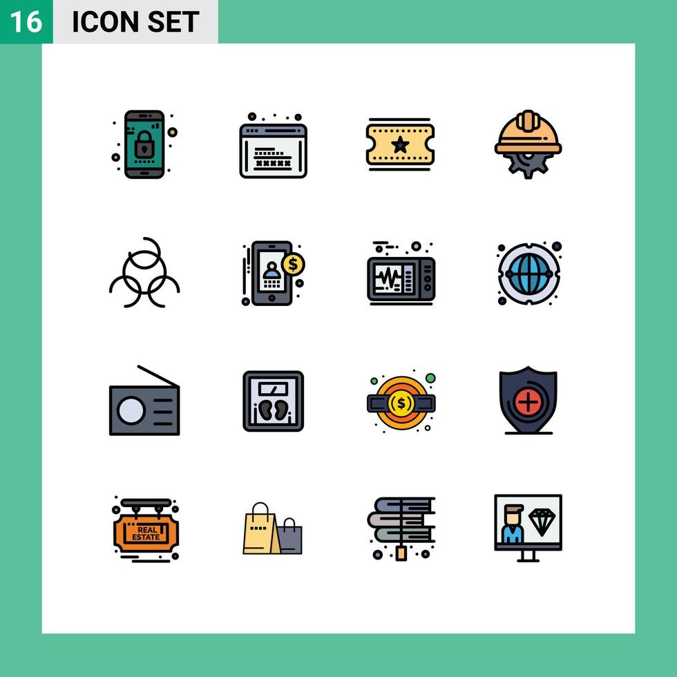 paquete de 16 líneas llenas de colores planos modernos, signos y símbolos para medios de impresión web, como biología, trabajo, seguridad web, tapa de equipo, elementos de diseño de vectores creativos editables