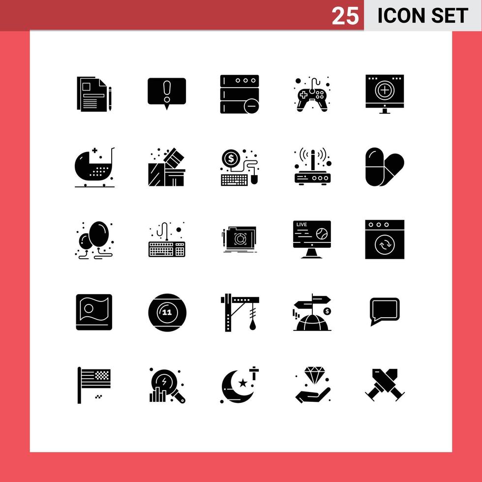 Mobile Interface Solid Glyph Set of 25 Pictograms of hospital care database video game controller Editable Vector Design Elements