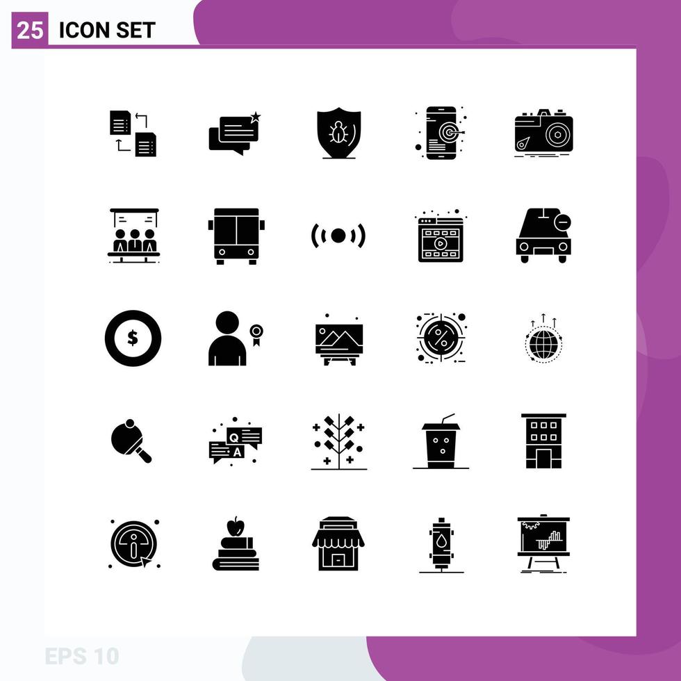 User Interface Pack of 25 Basic Solid Glyphs of camera target bug seo shield Editable Vector Design Elements