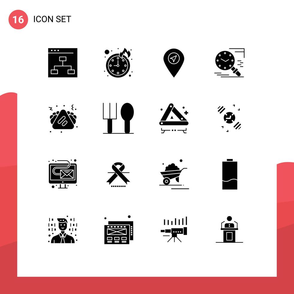 Pack of 16 Modern Solid Glyphs Signs and Symbols for Web Print Media such as food schedule location history magnifier Editable Vector Design Elements
