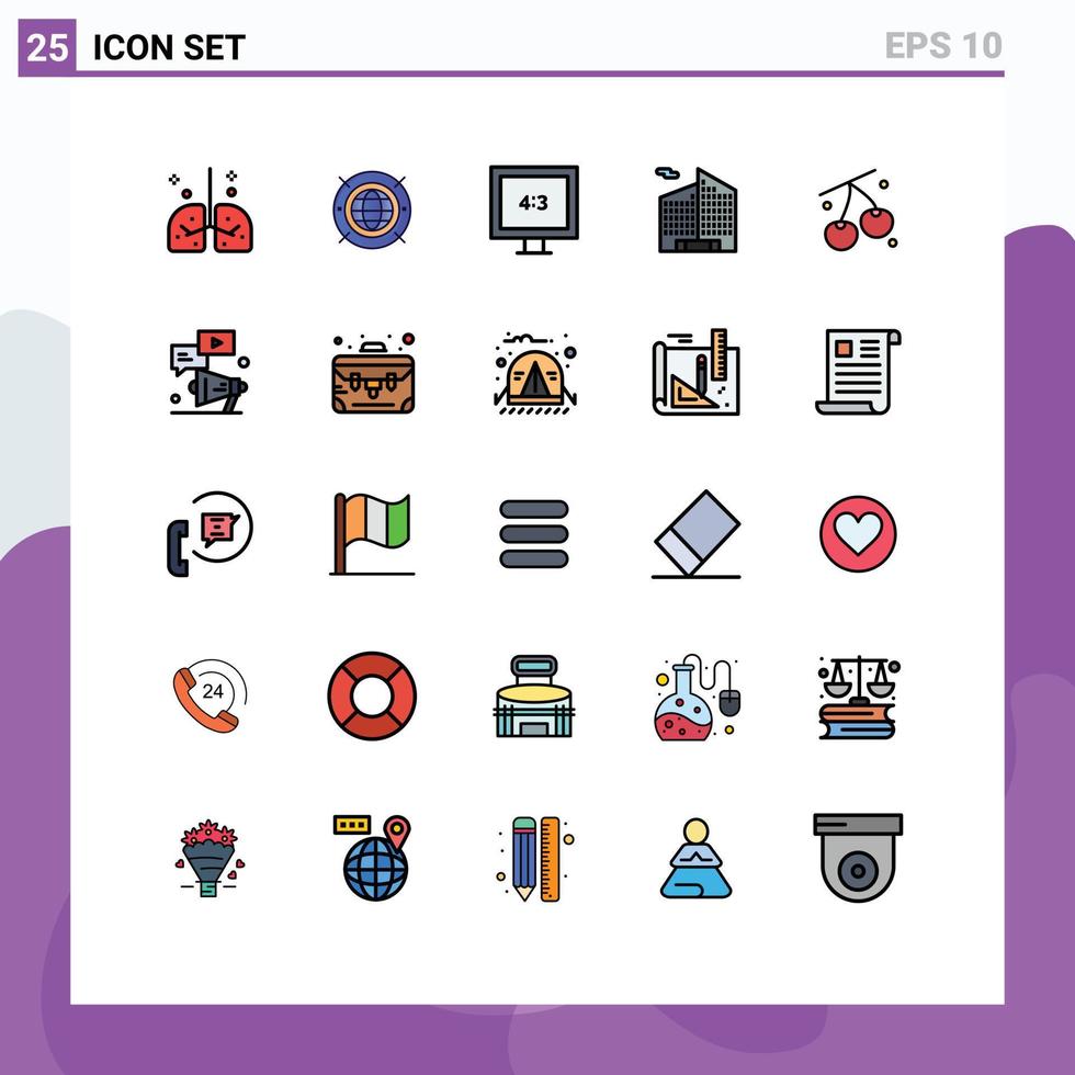 grupo de 25 signos y símbolos de colores planos de línea rellena para elementos de diseño de vectores editables de edificio de oficinas de computación de cerezo saludable