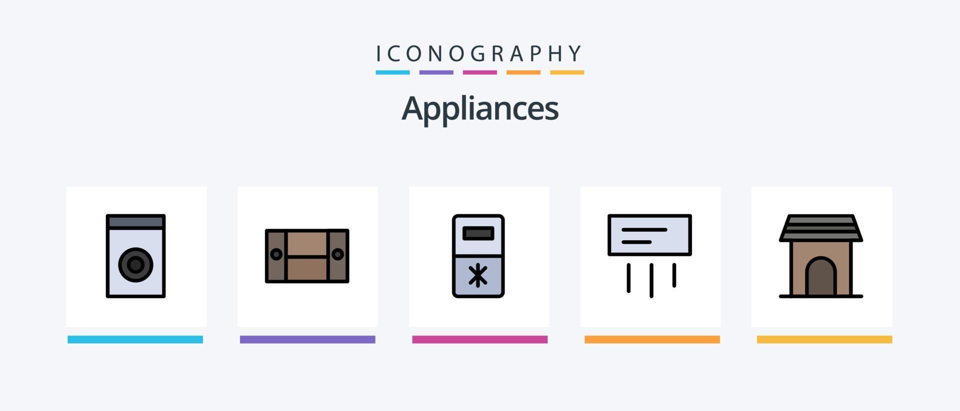 la línea de electrodomésticos llenó el paquete de 5 íconos, incluida la nevera. hierro. hogar. hogar. agua. diseño de iconos creativos vector