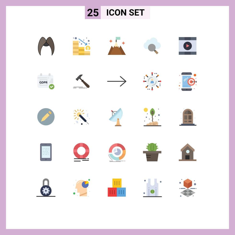 User Interface Pack of 25 Basic Flat Colors of media research down search interface Editable Vector Design Elements