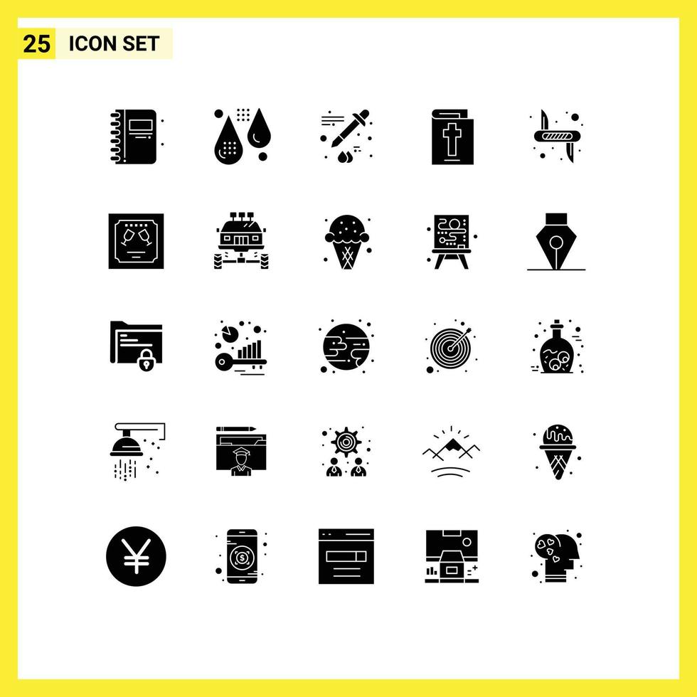 Editable Vector Line Pack of 25 Simple Solid Glyphs of weapon knife form holiday bible Editable Vector Design Elements