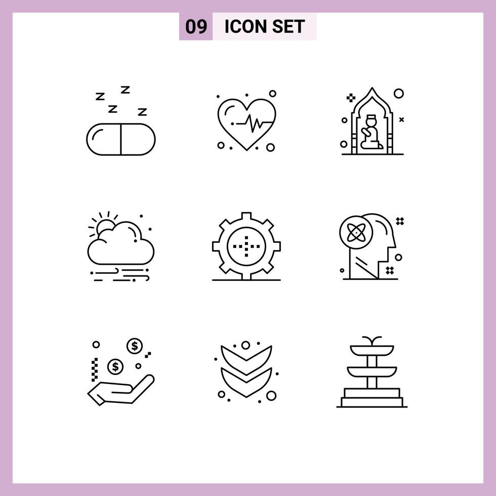 Pack of 9 Modern Outlines Signs and Symbols for Web Print Media such as technology gadget pray devices sun Editable Vector Design Elements