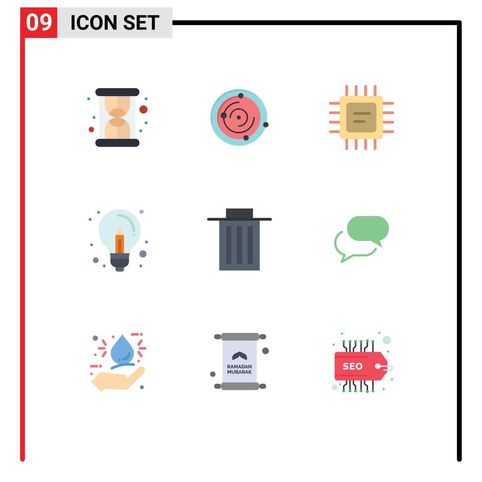 Set of 9 Modern UI Icons Symbols Signs for trash delete microchip idea creative Editable Vector Design Elements
