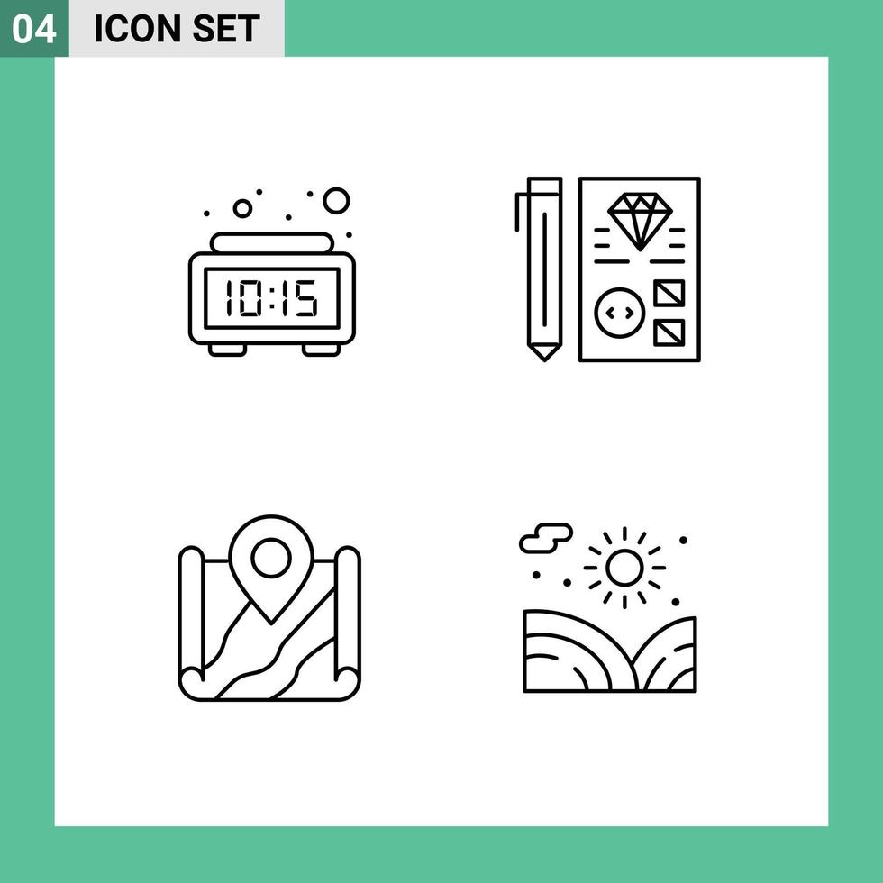 Modern Set of 4 Filledline Flat Colors and symbols such as alarm map time development location Editable Vector Design Elements