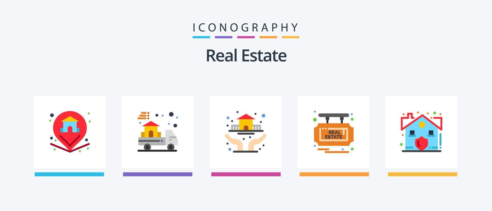 Real Estate Flat 5 Icon Pack Including house. sale. protection. real. board. Creative Icons Design vector