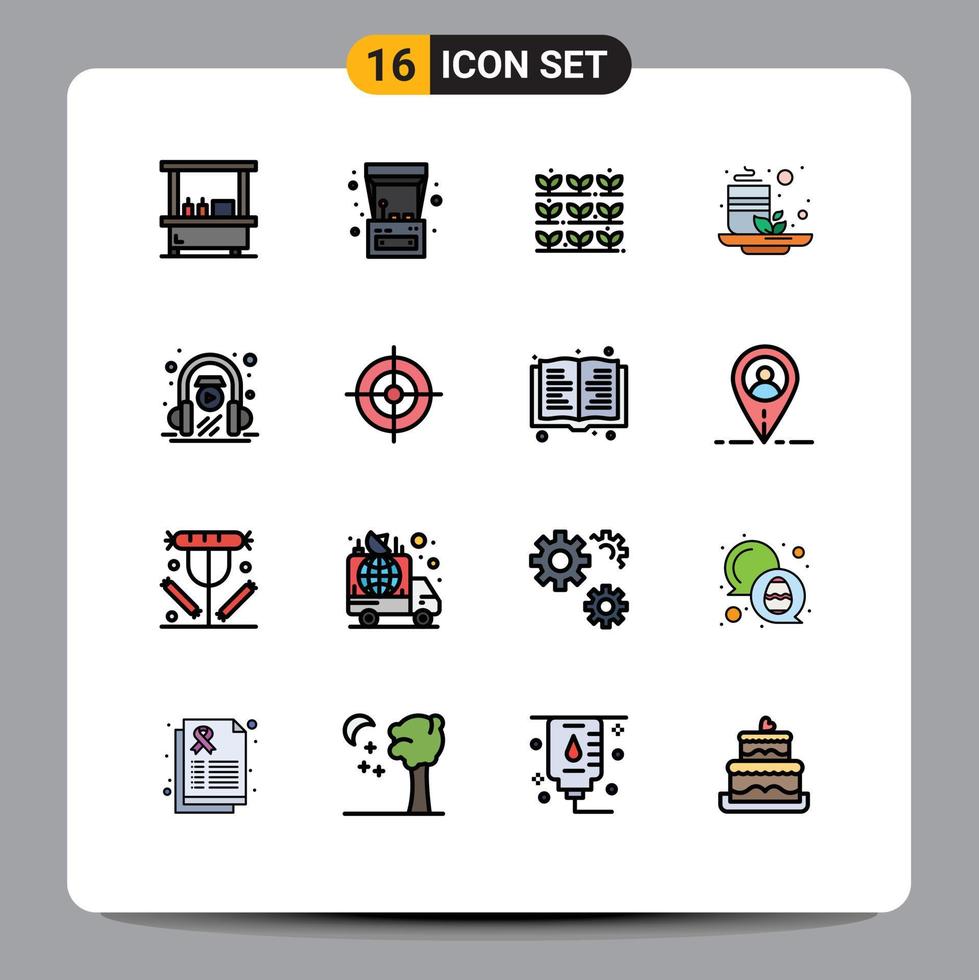 User Interface Pack of 16 Basic Flat Color Filled Lines of headphone health agriculture tea cup Editable Creative Vector Design Elements