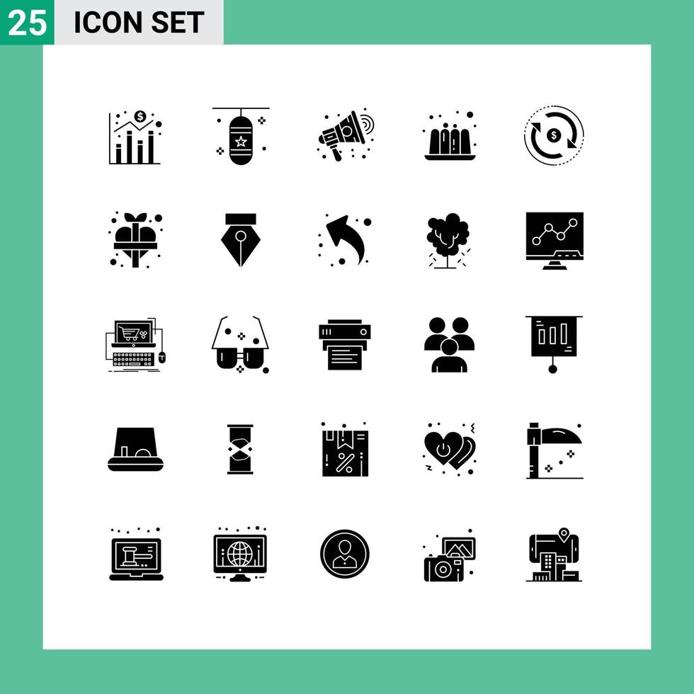 25 Thematic Vector Solid Glyphs and Editable Symbols of finance jelly sports food speaker Editable Vector Design Elements