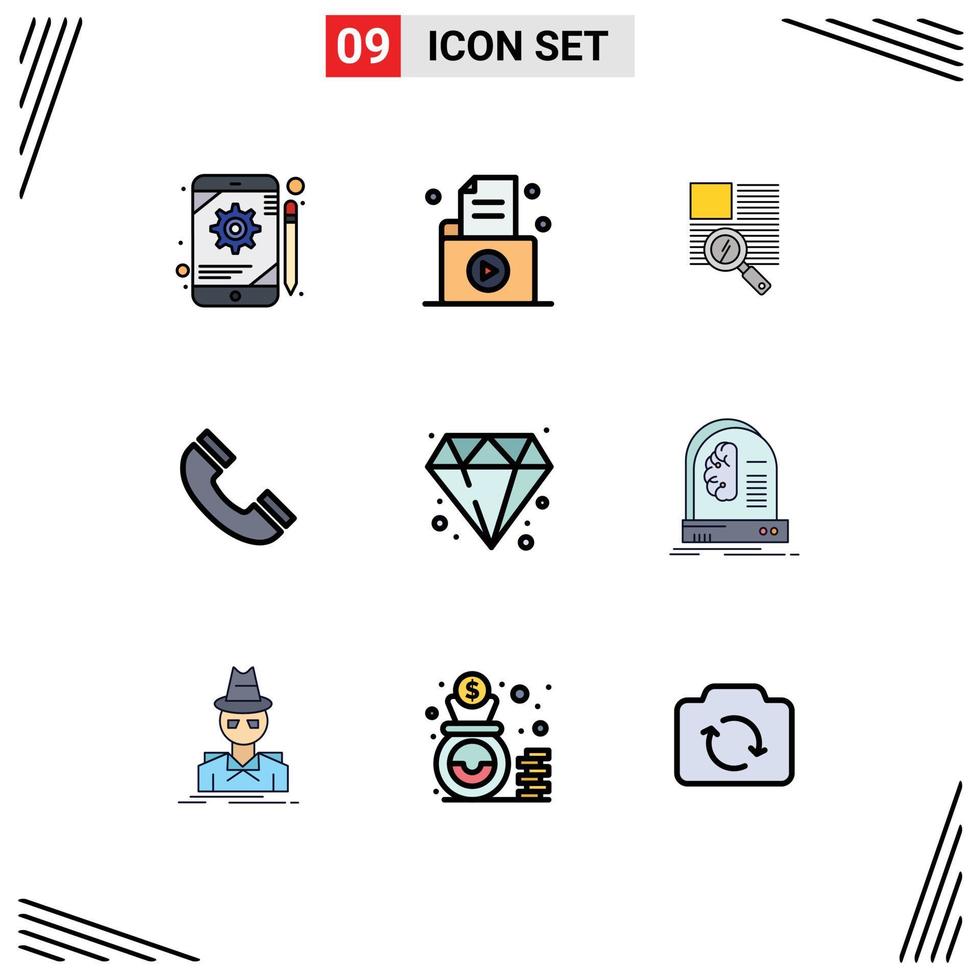 User Interface Pack of 9 Basic Filledline Flat Colors of diamond phone record interface reading Editable Vector Design Elements