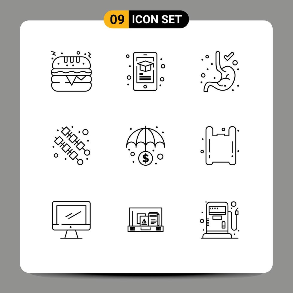 Group of 9 Outlines Signs and Symbols for bag money gastroenterology economy kebab Editable Vector Design Elements