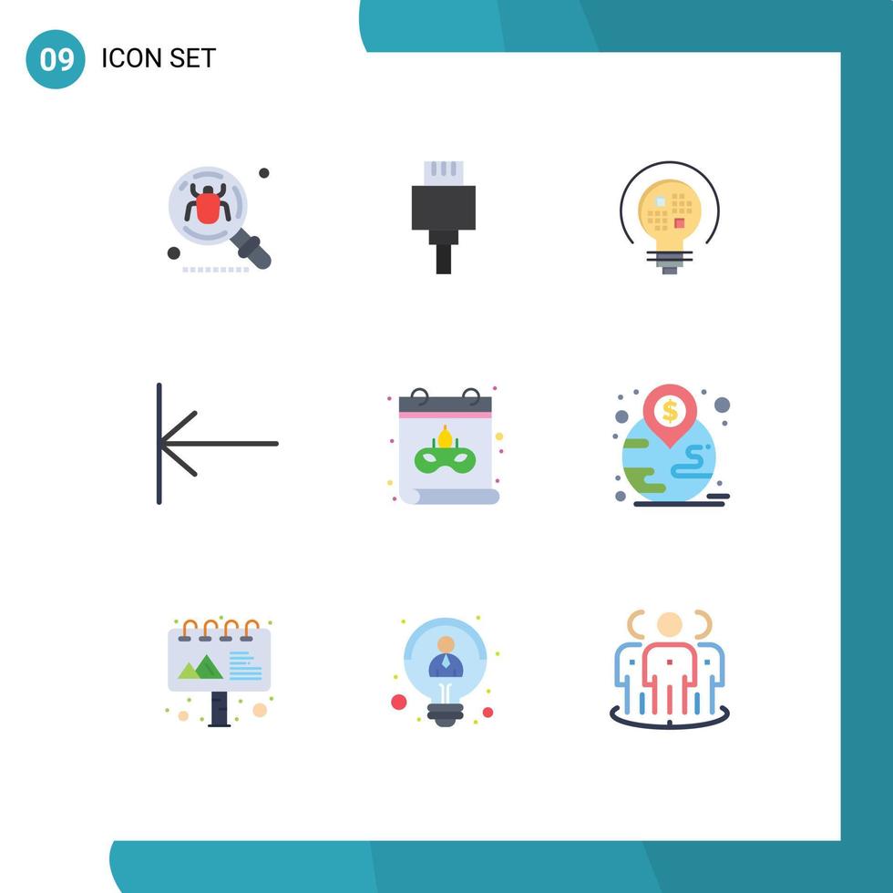 Group of 9 Flat Colors Signs and Symbols for date calendar data start arrow Editable Vector Design Elements