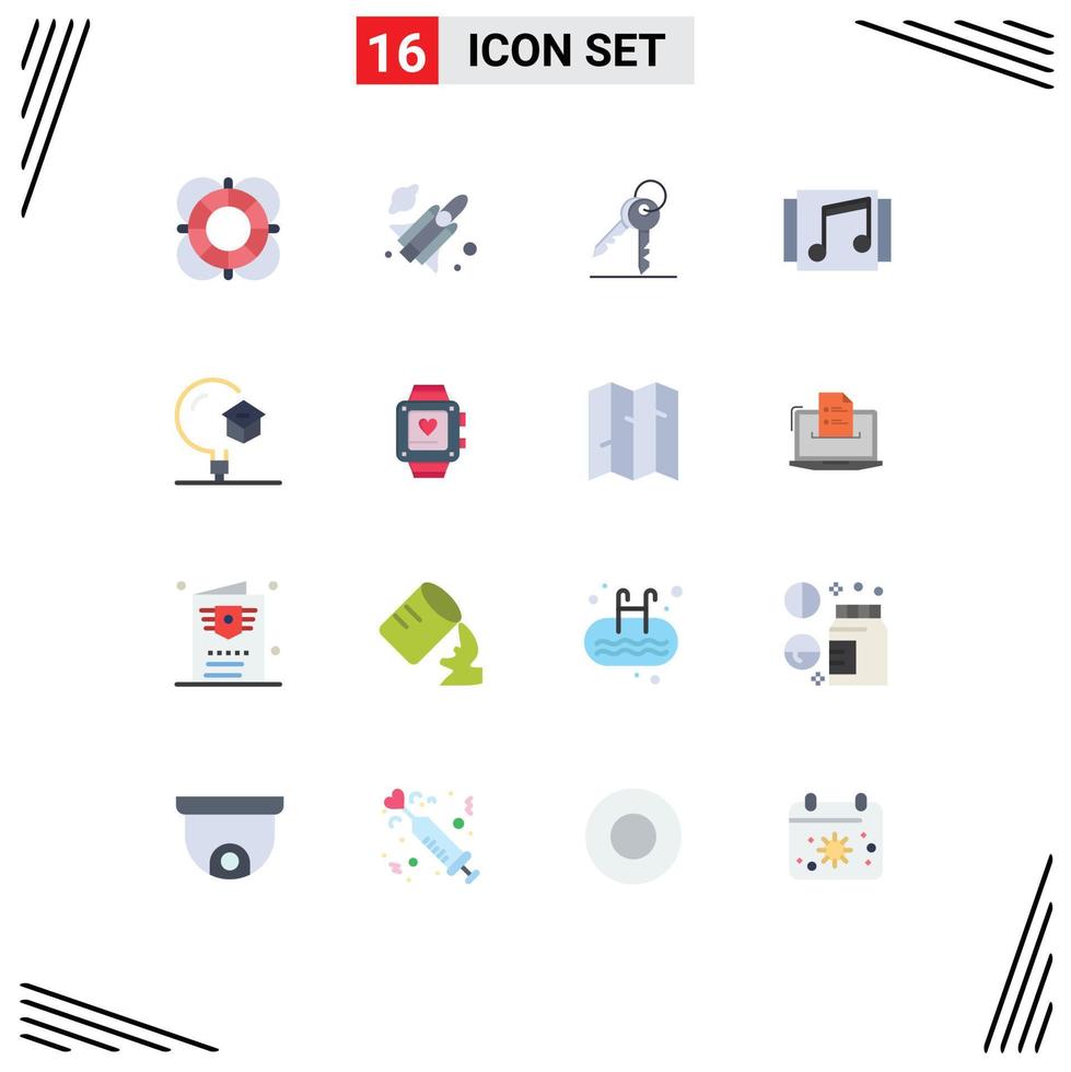 Mobile Interface Flat Color Set of 16 Pictograms of education song key music album Editable Pack of Creative Vector Design Elements