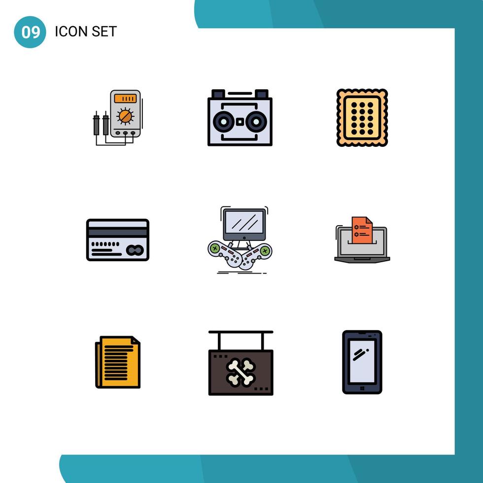Mobile Interface Filledline Flat Color Set of 9 Pictograms of credit card credit digital recording meal bread Editable Vector Design Elements