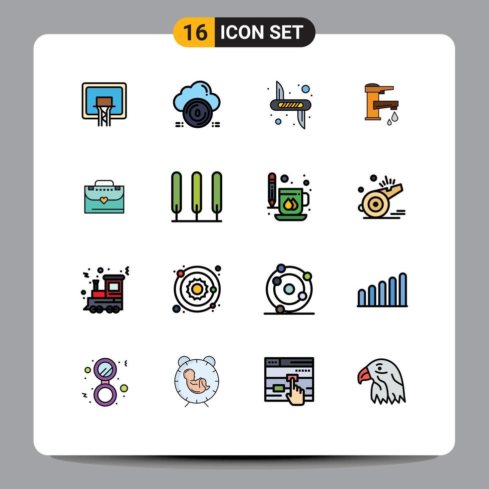 16 User Interface Flat Color Filled Line Pack of modern Signs and Symbols of water hand data tapwater army Editable Creative Vector Design Elements