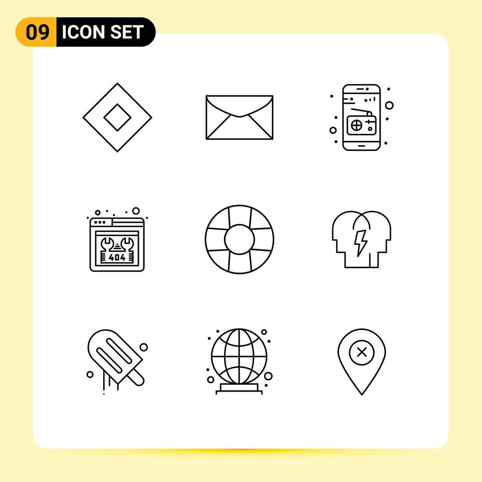 paquete de 9 signos y símbolos de contornos modernos para medios de impresión web, como la reparación de comunicaciones de ayuda en caso de conflicto, elementos de diseño de vectores editables que faltan