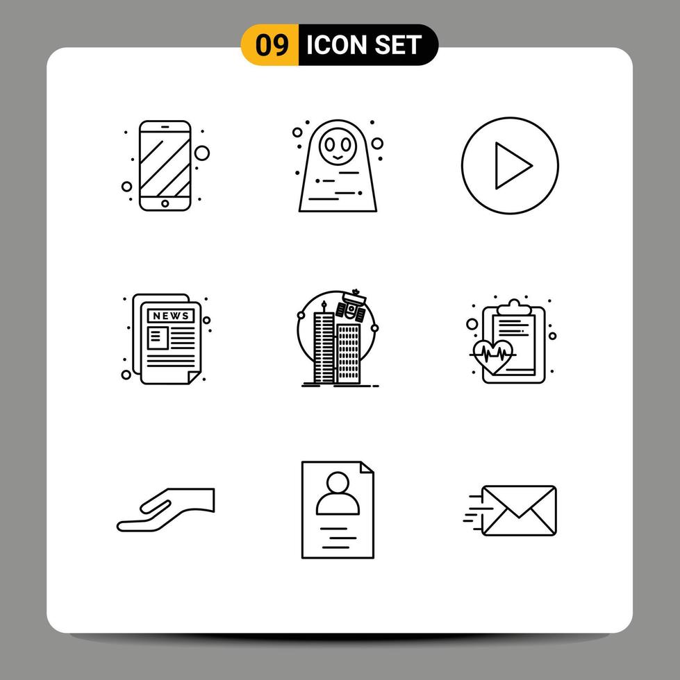 Pictogram Set of 9 Simple Outlines of satellite smart city multimedia building paper Editable Vector Design Elements