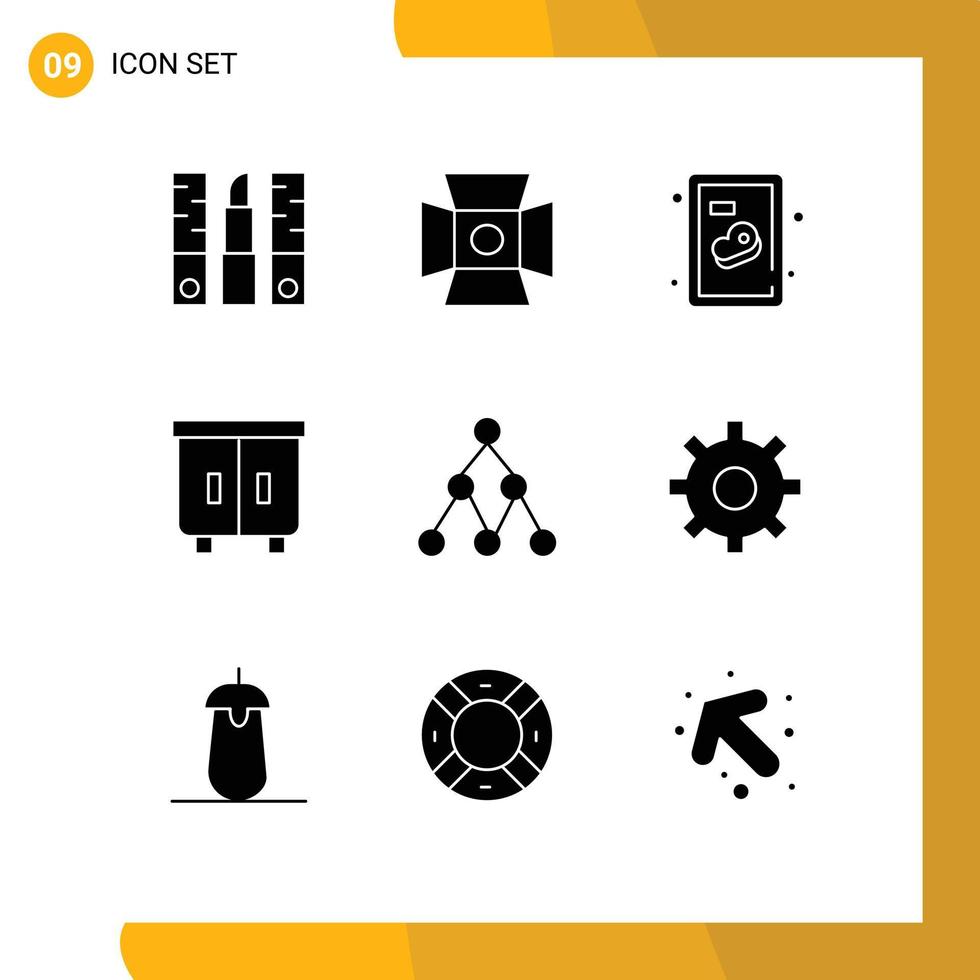 Group of 9 Solid Glyphs Signs and Symbols for network interior studio furniture decor Editable Vector Design Elements
