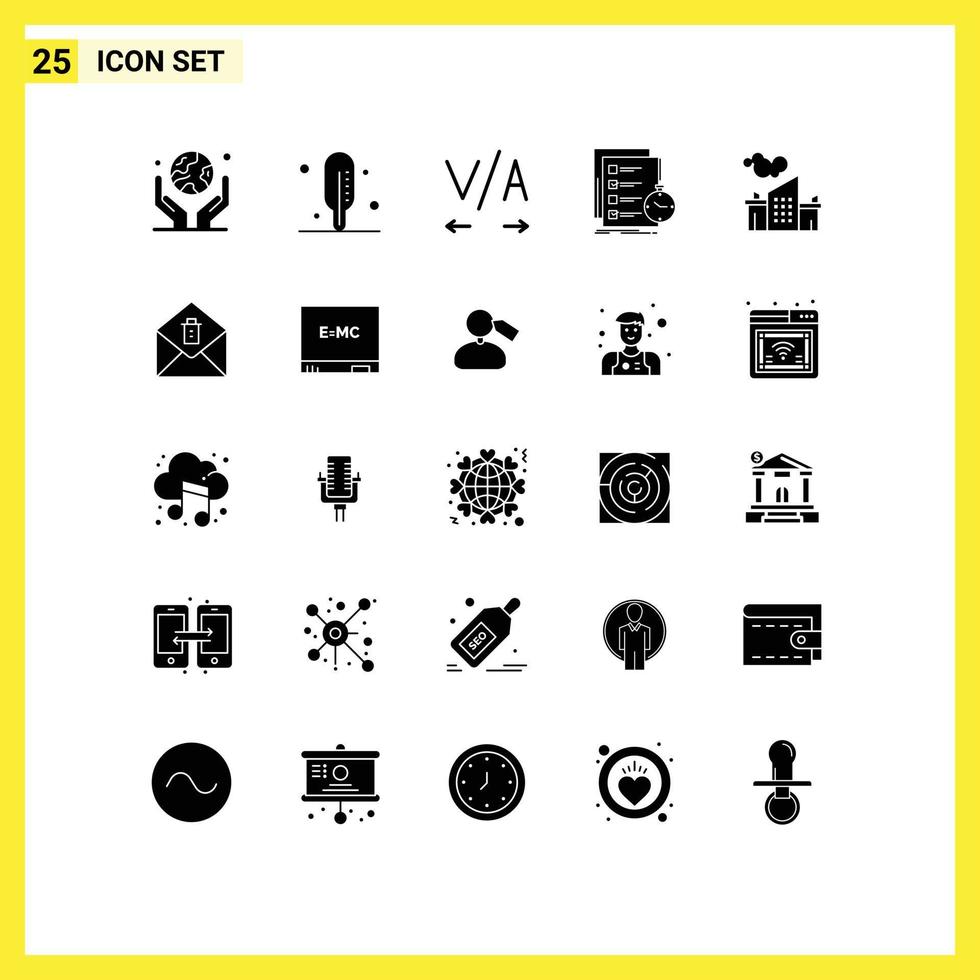 Solid Glyph Pack of 25 Universal Symbols of pollution industry text factory check Editable Vector Design Elements