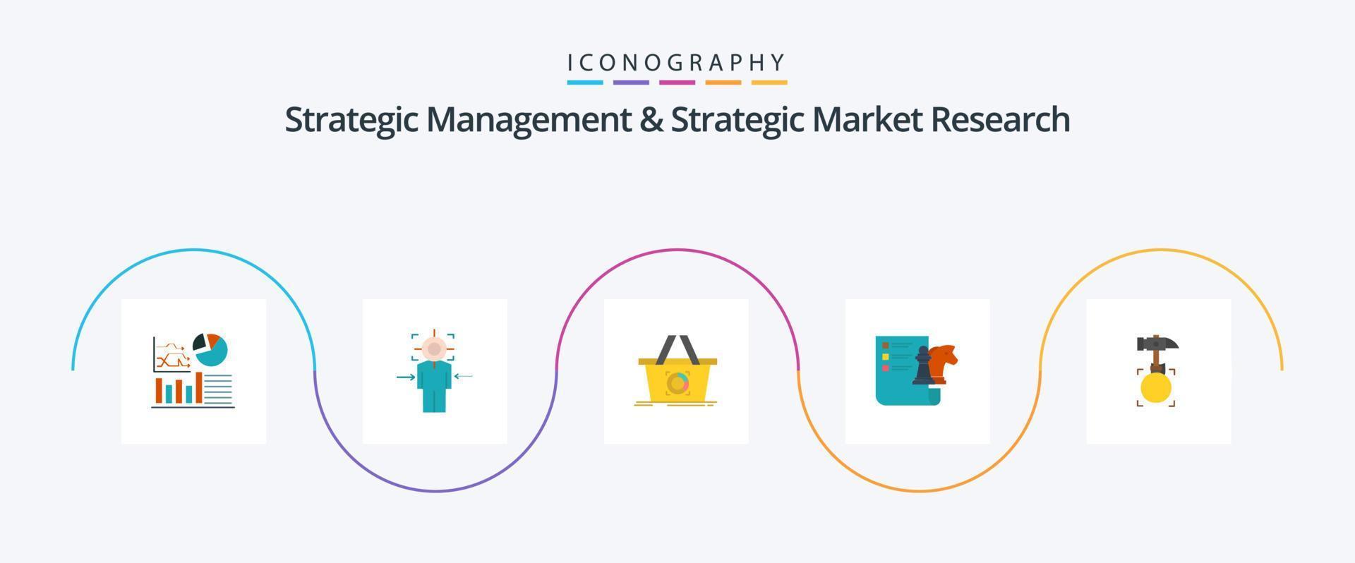 gestión estratégica e investigación de mercado estratégica flat 5 icon pack incluyendo martillo. estrategia . meta. negocio. compras vector