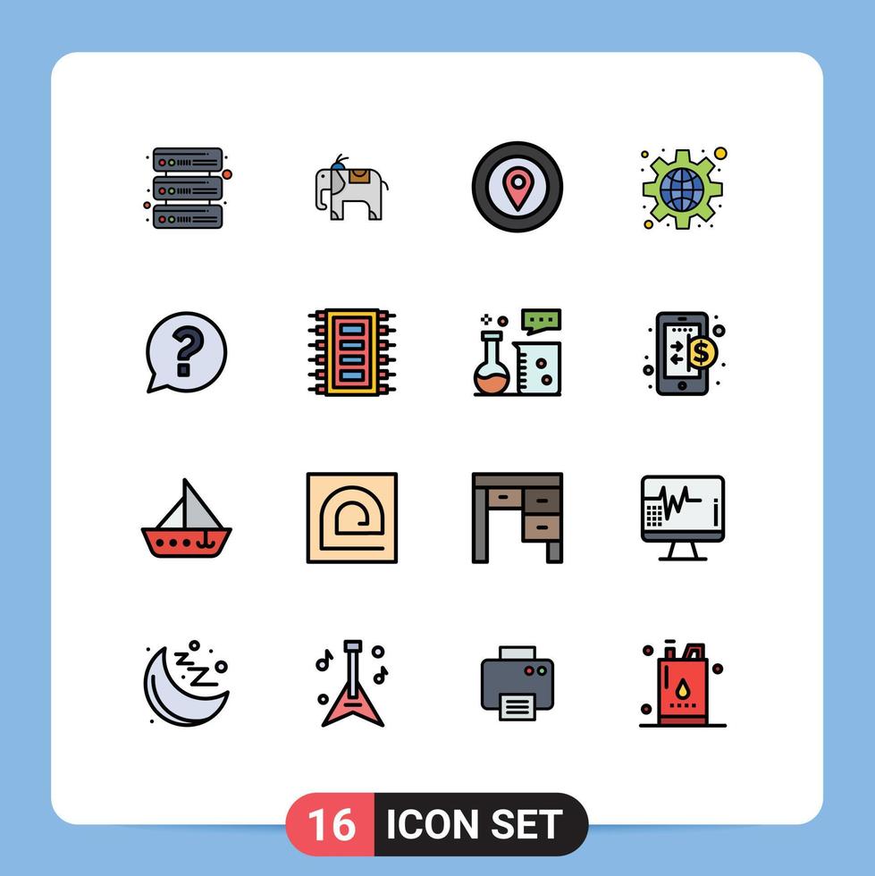 Paquete de 16 líneas llenas de color plano de interfaz de usuario de signos y símbolos modernos de configuración de marca de estrella de preguntas tecnológicas elementos de diseño de vectores creativos editables