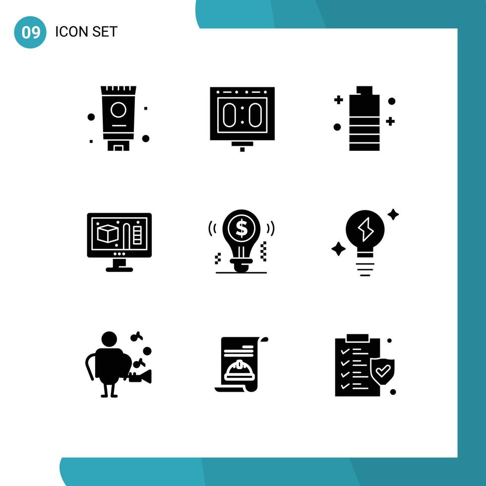 Set of 9 Modern UI Icons Symbols Signs for bulb modeling battery process power Editable Vector Design Elements