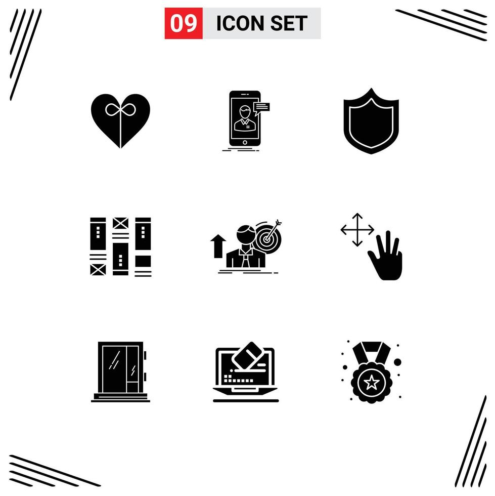 Editable Vector Line Pack of 9 Simple Solid Glyphs of target success defense idea sketching Editable Vector Design Elements