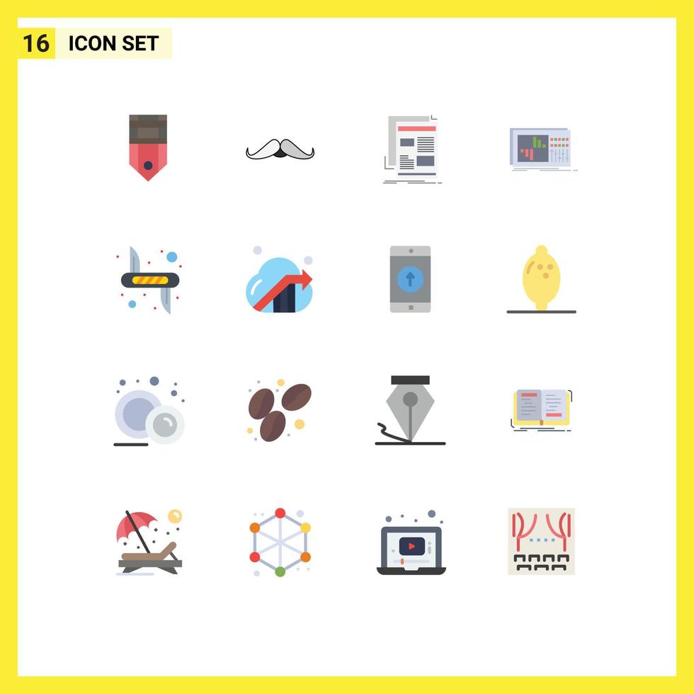 Mobile Interface Flat Color Set of 16 Pictograms of equalization control male paper newspaper Editable Pack of Creative Vector Design Elements